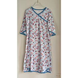 Garnet Hill Asian Wrap Organic Cotton Midi Gown 3/4 Sleeve Sz Medium Blue Floral